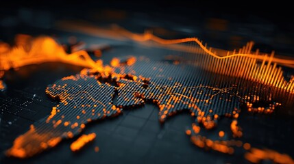 A digital world map visualized with glowing orange data points and graph lines representing global data trends and analytics.