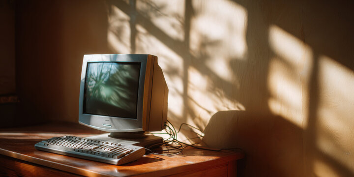 Vintage computer with CRT monitor and keyboard on wooden desk with warm sunlight and shadow