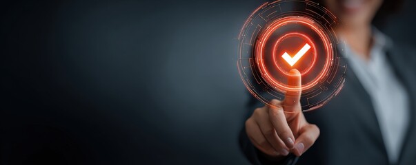 A person in a suit touches a glowing digital checkmark icon, symbolizing approval, verification, or successful completion in a futuristic virtual interface.