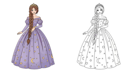 Fototapeta premium Enchanted Princess Girl Coloring Page with Both Colored and Clear Outline Formats for Kids