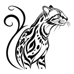 A stylized illustration of a wild cat with stripes and spots