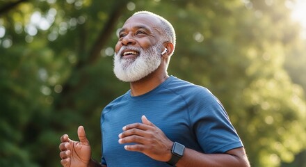 Happy Senior African American Man Jogging Outdoors with Wireless Earbuds