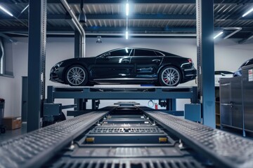 Obraz premium Automated parking system lifting a black sedan in a modern car park, optimizing space and efficiency