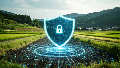 high-tech security shield icon forming in the center of a dark, futuristic interface