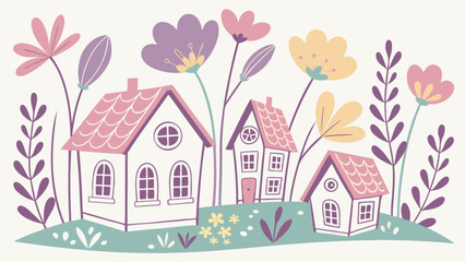 Cute houses and flowers vector illustration for home decor and spring designs, pastel color palette, art print design