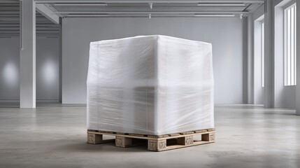 Stack of white bales on a wooden pallet in a bright warehouse setting