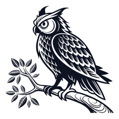 Obraz premium Stylized owl perched on a leafy branch in black and white