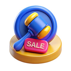 3D illustration of a gavel with "SALE" tag on a golden base representing online auction or sale concept on transparent background