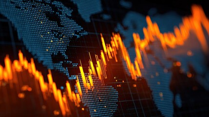 Digital stock market chart overlayed on a world map, showing fluctuating orange graphs indicating global financial data trends.