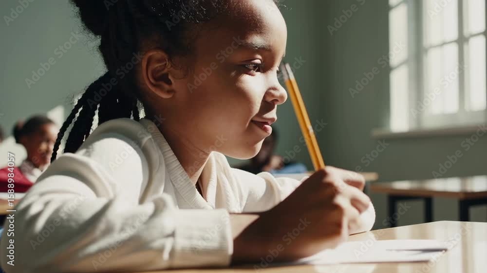 Poster elementary school student carefully listening to the teacher while taking notes in her notebook, sho