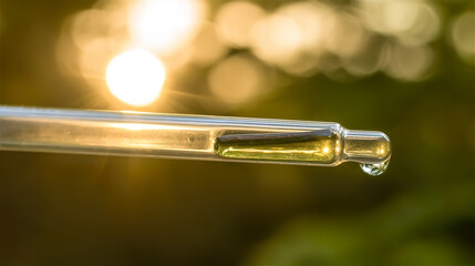 Macro shot of a glass pipette with a glistening liquid droplet, backlit by golden hour sunlight.