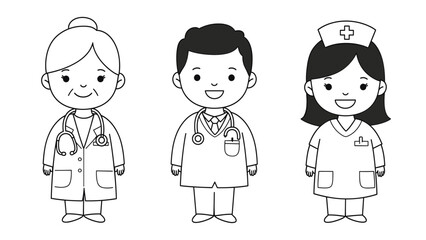 Cartoon Doctors and Nurse Line Art Illustration. Healthcare Professionals in Black and White.