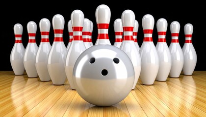 Naklejka premium Bowling pins and ball on a wooden lane