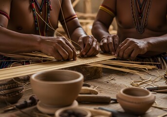Close-up of skilled hands expertly weaving natural fibers to create traditional crafts, showcasing ancient artisan techniques.