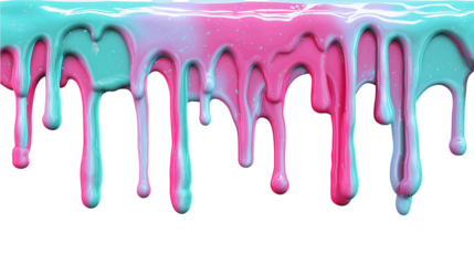 Colorful Dripping Paint Texture with Turquoise and Pink Colors on Transparent Backdrop