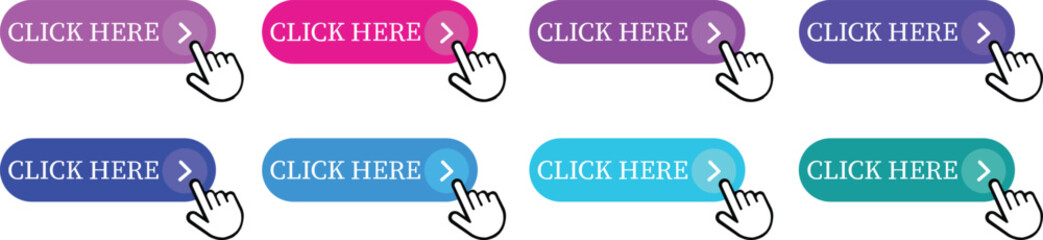 Click Here Button Icon set.Pointer Click button. Modern action button mouse click symbol. Computer mouse click cursor or Hand pointer symbol. Cursor arrow icon. Clicking finger. Vector illustration.