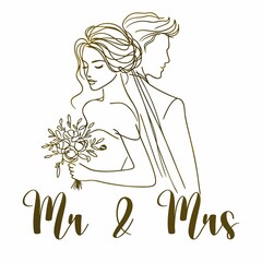 Elegant line art wedding couple with "Mr & Mrs" text