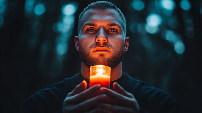 Young man holding candle in dark forest during twilight, creating an atmosphere of contemplation and mystery - Powered by Adobe