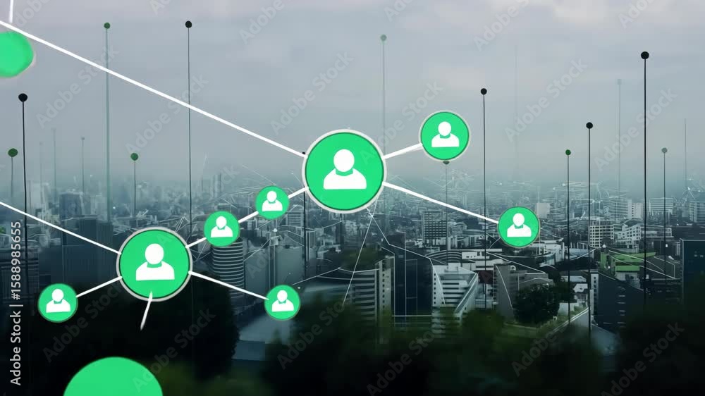 Poster digital networks intertwine with an urban environment, highlighting the connection between technolog