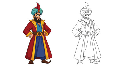 Fototapeta premium Sinbad the Sailor Coloring Page Featuring Vibrant Colored and Simple Outline Versions for Children