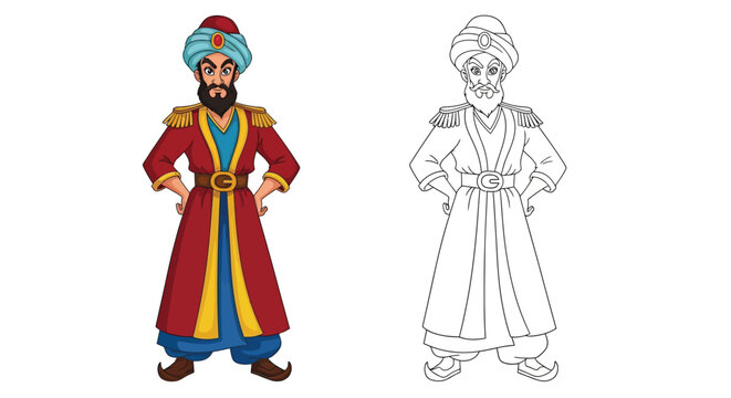 Sinbad the Sailor Coloring Page with Both Colored and Detailed Outline Poses for Kids