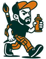stylized cartoon character of a bearded man wearing a cap, carrying a large paintbrush on his back, and holding a spray paint can, depicted in mid-stride