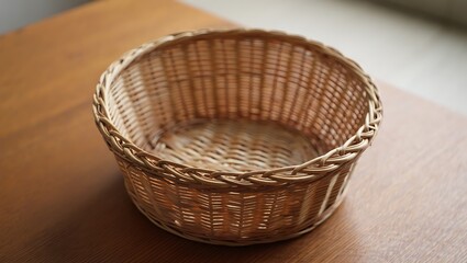 Obraz premium Empty wooden wicker basket sitting on a wooden table surface
