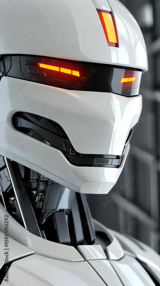 Poster a humanoid robot stands confidently with glowing features against a backdrop of industrial architect