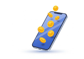 "Money Pop!" &ndash; Isometric Flat Vector Phone with Gold Dollar Coins Erupting (Minimal Fintech Cartoon Style).