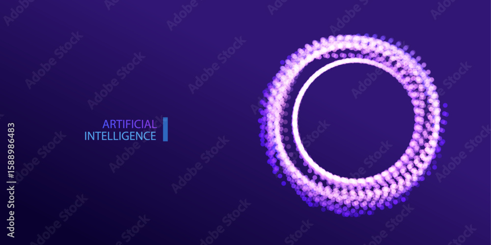 Poster circle ai. technology particles a.i. banner. dots explosion ai big data neon round background. artif