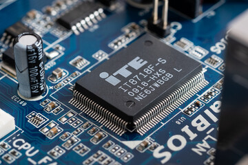 Close up of electronic components, ITE IT8718F-S Super I/O Controller
