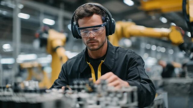 A man in safety goggles collaborates with voice-controlled robotic arms to connect modular flight components, highlighting the synergy of human ingenuity and automated precision.