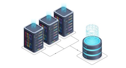 Isometric illustration of data servers and database for cloud computing and networking