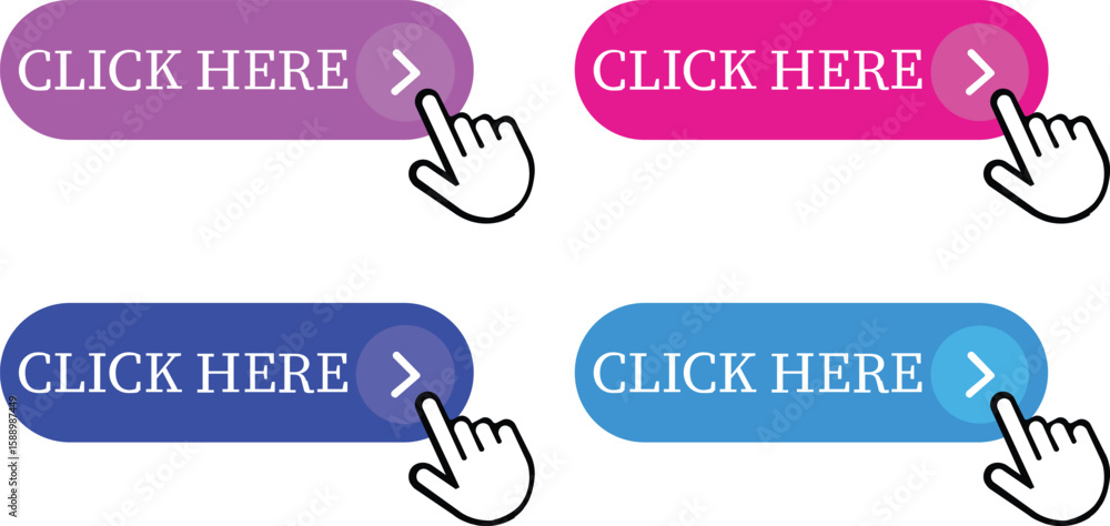 Fototapete Click Here Button Icon set.Pointer Click button. Modern action button mouse click symbol. Computer mouse click cursor or Hand pointer symbol. Cursor arrow icon. Clicking finger. Vector illustration.