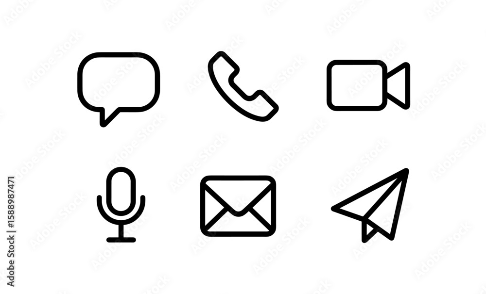 Poster minimalist communication icon set featuring linear call, message, and mail symbols