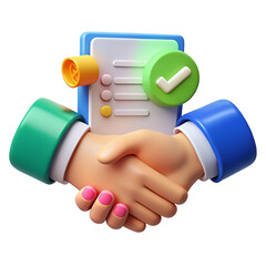 3D illustration of a handshake and checklist symbolizing partnership and agreement on transparent background