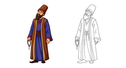 The Dervish Character Coloring Page with Both Colored and Detailed Outline Figures for Kids