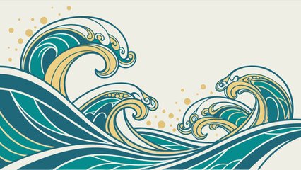 Fototapeta premium Ocean wave illustration vector art design with teal and gold colors for background and decoration use