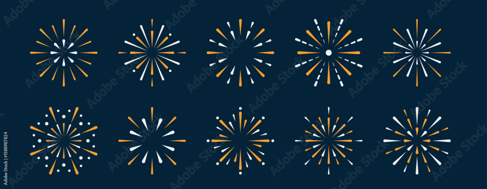 Poster linear firework set isolated. vector outline bursts with stars and rays. simple decorative symbols f