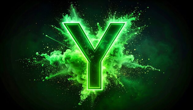 Bold green letter Y exploding with vibrant green powder