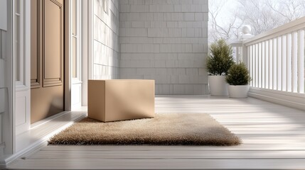 Cardboard box placed on a welcome mat in front of a house entrance