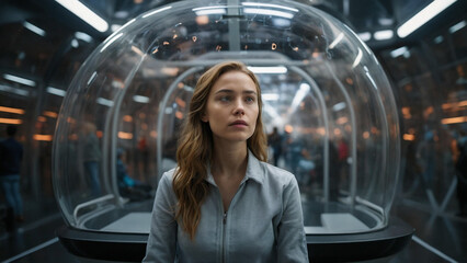Young woman in futuristic glass pod traveling through space