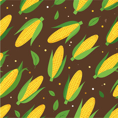 A vector art illustration displays a seamless pattern of fresh corn cobs with green leaves scattered on a brown background, showcasing agriculture and healthy food.