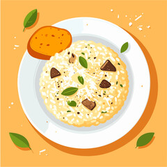 A delightful illustration of creamy mushroom risotto served on a white plate with a slice of bread and basil leaves, set against a vibrant, warm orange background.