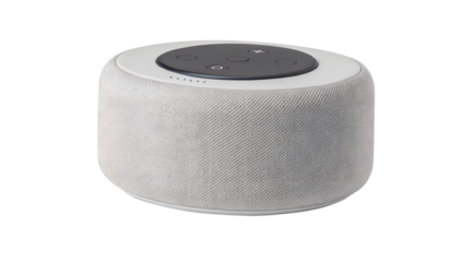 Modern cylindrical smart speaker with fabric texture isolated on transparent background