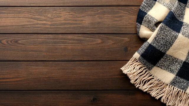 A warm plaid scarf rests on a rustic wooden table, enhancing the cozy feel of autumn and winter gatherings or home decor
