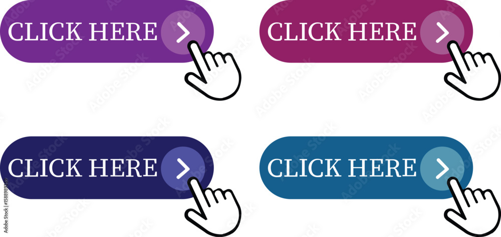 Fototapete Click Here Button Icon set.Pointer Click button. Modern action button mouse click symbol. Computer mouse click cursor or Hand pointer symbol. Cursor arrow icon. Clicking finger. Vector illustration.