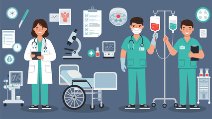 Healthcare Professionals & Medical Equipment Set Illustration. Doctor, Nurses, Hospital Items, Diagnostic Tools, IV Drip.