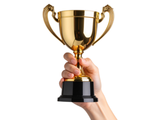 Photorealistic Hand Holding a Shiny Golden Trophy Up High, Studio Lighting for Dramatic Effect, Isolated on Transparent Background