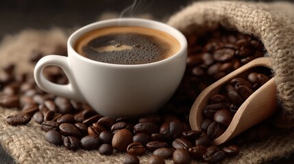 Fototapeta premium White Coffee Cup with Dark Roast Coffee Surrounded by Coffee Beans and Burlap Sack